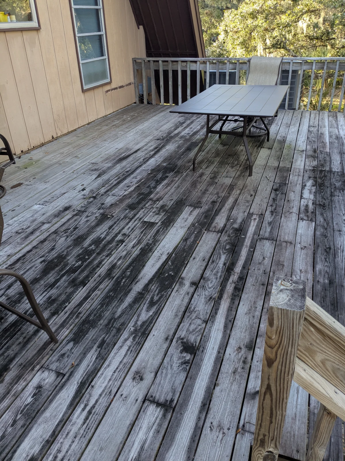 Sunlit wooden patio area